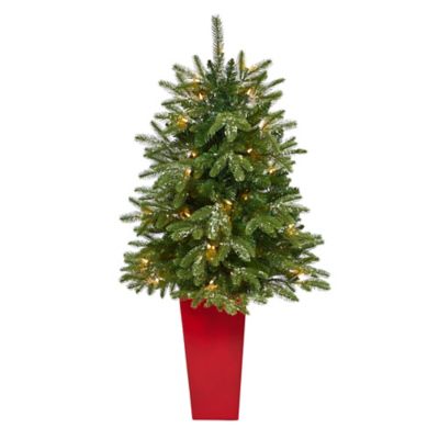 Nearly Natural 44 in. Snowed Grand Teton Fir Artificial Christmas Tree in Planter with Clear Lights, Bendable Branches