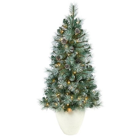 Nearly Natural 50 in. Frosted Tip British Columbia Mountain Pine Artificial Christmas Tree in White Planter