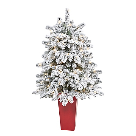 Nearly Natural 44 in. Flocked North Carolina Fir Artificial Christmas Tree in Planter, Red