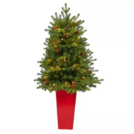 3.5ft Artificial Christmas Tree with Clear Lights and Pine Cones in Red Pot Artificial Christmas Trees