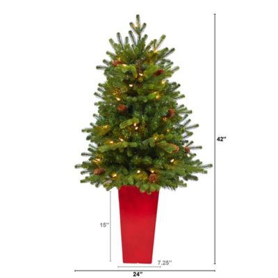 Image showing  3.5 ft. Pre-Lit Yukon Mountain Fir Artificial Christmas Tree with Pine Cones in Red Planter, Clear Lights