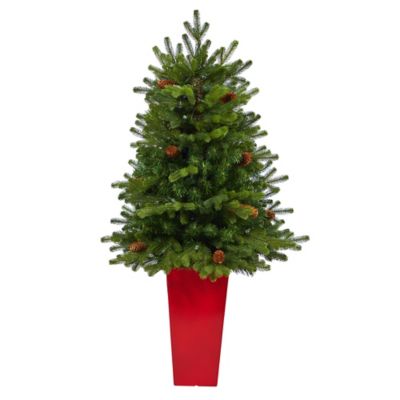 Image showing  3.5 ft. Pre-Lit Yukon Mountain Fir Artificial Christmas Tree with Pine Cones in Red Planter, Clear Lights
