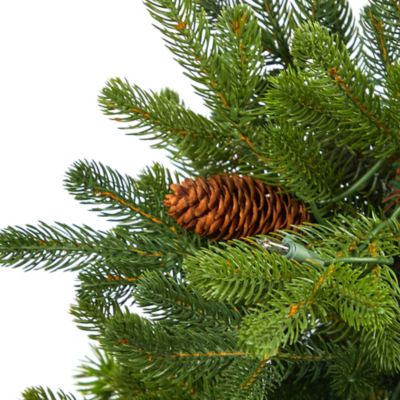 Image showing  3.5 ft. Pre-Lit Yukon Mountain Fir Artificial Christmas Tree with Pine Cones in Red Planter, Clear Lights