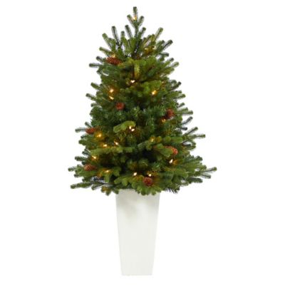 Nearly Natural 3.5 ft. Pre-Lit Yukon Mountain Fir Artificial Christmas Tree with Pine Cones in White Planter, Clear Lights