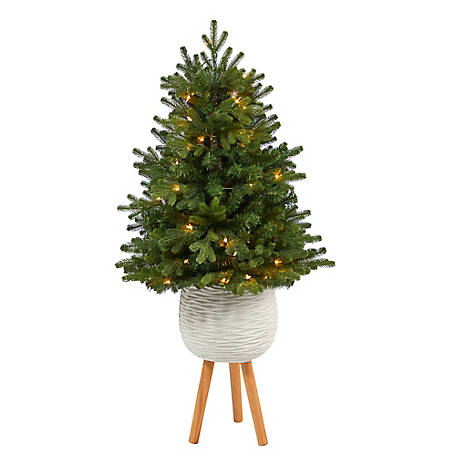 Nearly Natural 4 ft. Washington Fir Artificial Christmas Tree with Clear Lights in White Planter