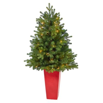 Nearly Natural 3.5 ft. Washington Fir Artificial Christmas Tree with Clear Lights in Tower Planter, Red