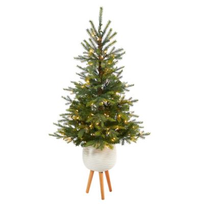 Nearly Natural 5 ft. North Carolina Spruce Artificial Christmas Tree in White Planter with Stand