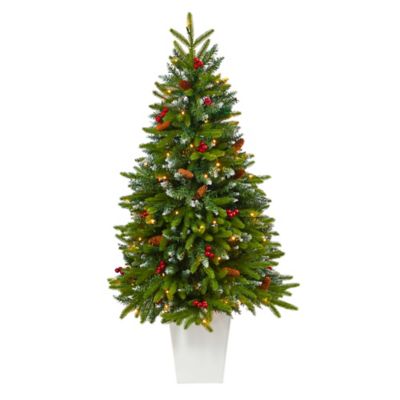 Nearly Natural 56 in. Snow-Tipped Portland Spruce Artificial Christmas Tree in White Metal Planter