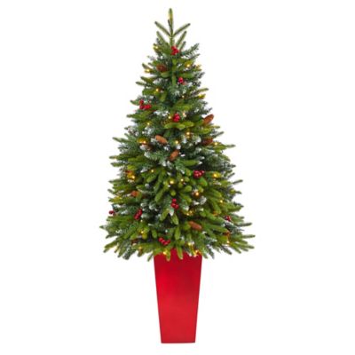 Nearly Natural 62 in. Snow-Tipped Portland Spruce Artificial Christmas Tree in Red Tower Planter