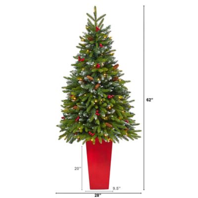 Image showing  62 in. Snow-Tipped Portland Spruce Artificial Christmas Tree in Red Tower Planter