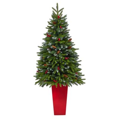 Image showing  62 in. Snow-Tipped Portland Spruce Artificial Christmas Tree in Red Tower Planter