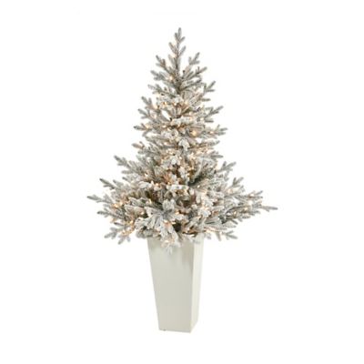 Nearly Natural 57 in. Flocked Fraser Fir Artificial Christmas Tree in Tower Planter, White