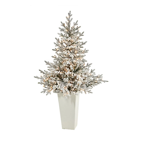 Nearly Natural 57 in. Flocked Fraser Fir Artificial Christmas Tree in Tower Planter, White