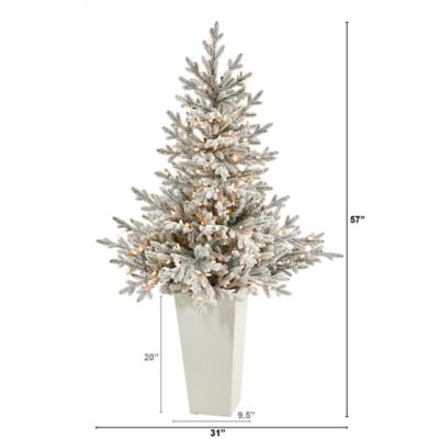 Image showing  57 in. Flocked Fraser Fir Artificial Christmas Tree in Tower Planter, White