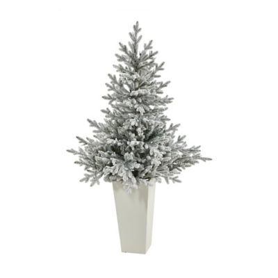 Image showing  57 in. Flocked Fraser Fir Artificial Christmas Tree in Tower Planter, White