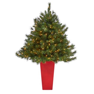 Nearly Natural 4.5 ft. Wyoming Mixed Pine Artificial Christmas Tree in Tower Planter, Red