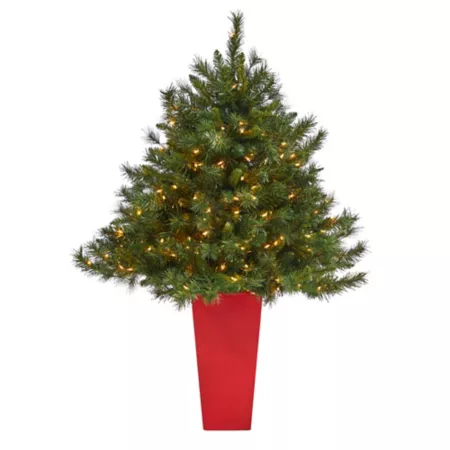 Nearly Natural 4.5 ft Wyoming Mixed Pine Artificial Christmas Tree in Tower Planter Red Artificial Christmas Trees