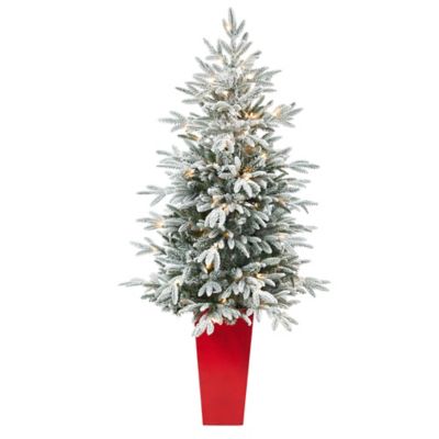 Nearly Natural 5 ft. Flocked Manchester Spruce Artificial Christmas Tree in Red Tower Planter