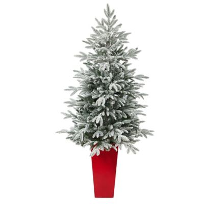 Image showing  5 ft. Flocked Manchester Spruce Artificial Christmas Tree in Red Tower Planter