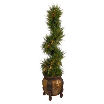 Nearly Natural 4.5 ft. Indoor/Outdoor UV-Resistant Spiral Cypress Artificial Tree in Decorative Planter, Clear LED Lights