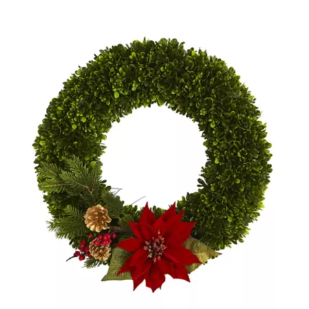 Nearly Natural 18" Artificial Tea Leaf Poinsettia and Pine Wreath Artificial Christmas Wreaths