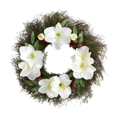 Nearly Natural 20 in. Cedar, Amaryllis and Ruscus with Berries Artificial Wreath