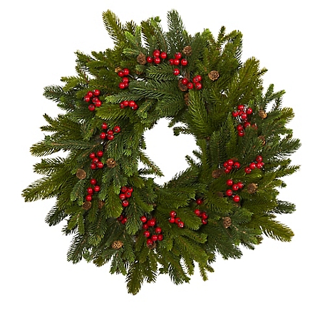 Nearly Natural 22 in. Pine, Pine Cone and Berry Artificial Wreath