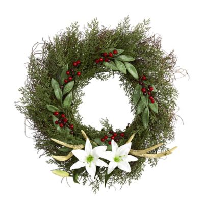 Nearly Natural 20 in. Cedar, Antlers, Lily and Ruscus with Berries Artificial Wreath