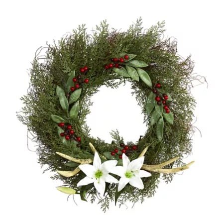 Nearly Natural 20 in Artificial cedar wood lily and ruscus wreath with berries Artificial Christmas Wreaths