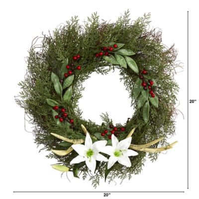 Image showing  20 in. Cedar, Antlers, Lily and Ruscus Artificial Wreath with Berries