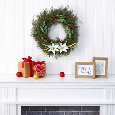 Image showing  20 in. Cedar, Antlers, Lily and Ruscus Artificial Wreath with Berries