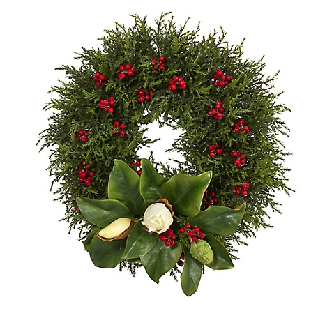 Nearly Natural 20 in. Cedar, Berries and Magnolia Artificial Christmas Wreath