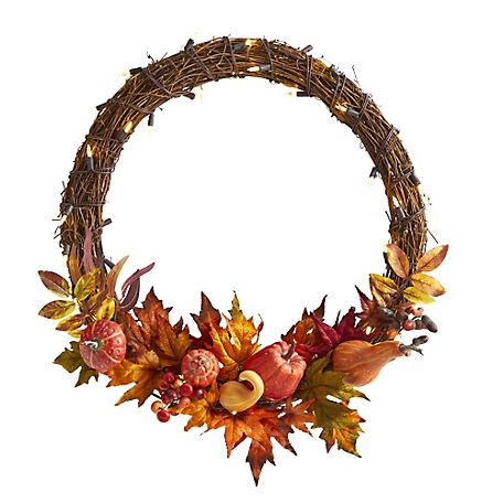 Nearly Natural 22 in. Pumpkin and Maple Artificial Autumn Wreath with Warm White LED Lights