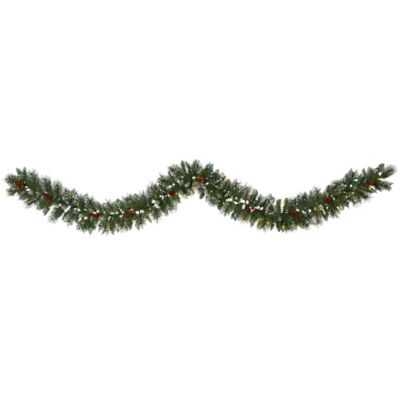 Nearly Natural 9 ft. Frosted Swiss Pine Artificial Garland with Clear LED Lights and Berries