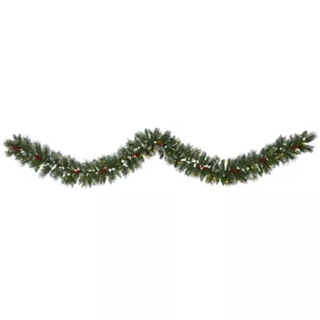 9 ft Frosted Swiss Pine Pre-Lit Artificial Christmas Wreath with Clear LED Lights and Nearly Natural Berries Artificial Christmas Garlands