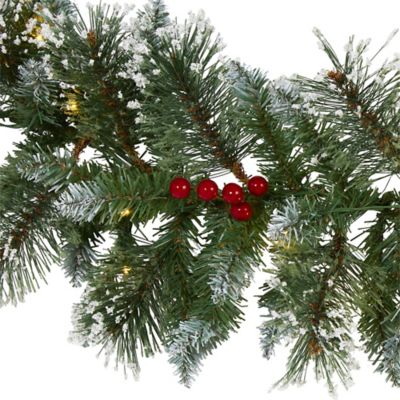 Image showing  9 ft. Pre-Lit Frosted Swiss Pine Artificial Christmas Garland with Clear LED Lights and Berries