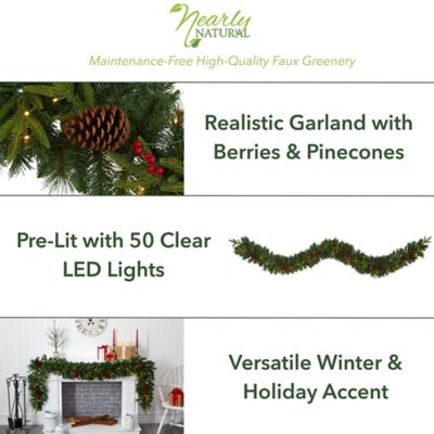 Image showing 5 th Nearly Natural 9 ft. Pre-Lit Mixed Pine Artificial Christmas Garland with Clear LED Lights, Berries and Pine Cones