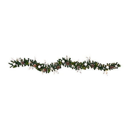 Nearly Natural 9 ft. Ornament and Pine Cone Artificial Christmas Garland with Clear LED Lights