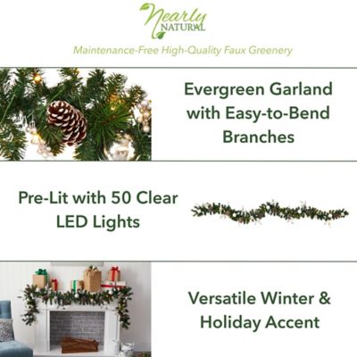 Image showing 6 th Nearly Natural 9 ft. Ornament and Pine Cone Artificial Christmas Garland with Clear LED Lights