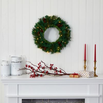 Image showing  20 in. Pre-Lit Mixed Pine Artificial Christmas Wreath with Pine Cones, Clear LED Lights