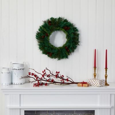 Image showing  20 in. Pre-Lit Mixed Pine Artificial Christmas Wreath with Pine Cones, Clear LED Lights