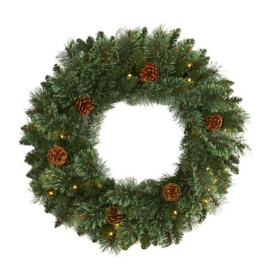 Nearly Natural 24 in. White Mountain Pine Artificial Christmas Wreath with LED Lights and Pine Cones