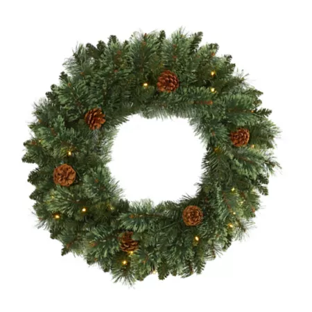 Nearly Natural 24" White Mountain Pine Artificial Christmas Wreath with LED Lights and Pine Cones Artificial Christmas Wreaths