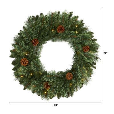 Image showing  24 in. White Mountain Pine Artificial Christmas Wreath with LED Lights and Pine Cones
