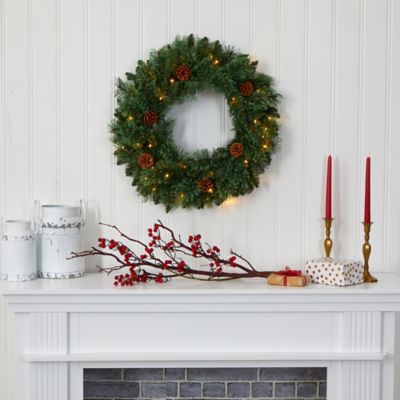 Image showing  24 in. White Mountain Pine Artificial Christmas Wreath with LED Lights and Pine Cones