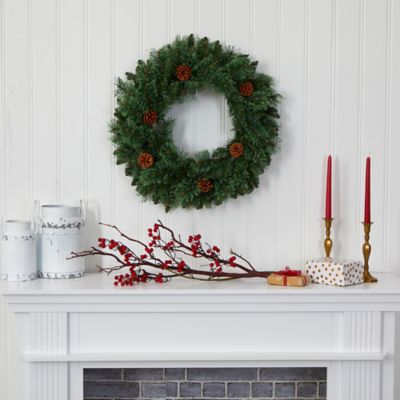 Image showing  24 in. White Mountain Pine Artificial Christmas Wreath with LED Lights and Pine Cones
