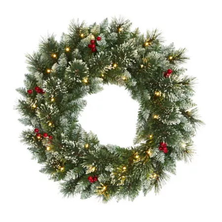 Nearly Natural 24" Artificial Frosted Swiss Pine Wreath with Clear LED Lights and Berries Artificial Christmas Wreaths