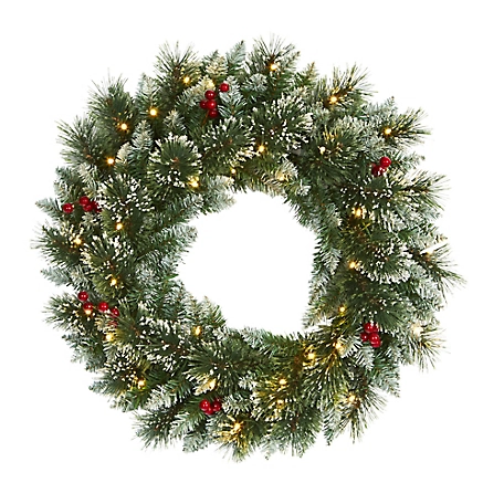 Nearly Natural 24 in. Frosted Swiss Pine Artificial Wreath with Clear LED Lights and Berries