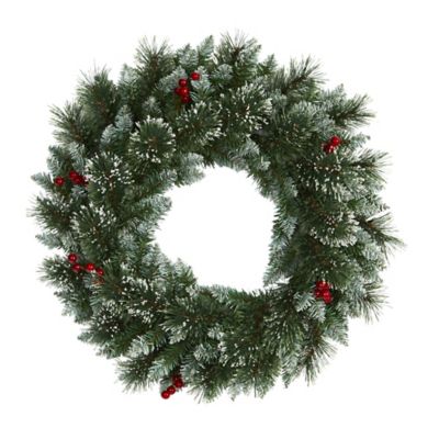 Image showing  24 in. Pre-Lit Frosted Swiss Pine Artificial Wreath with Berries, Clear LED Lights