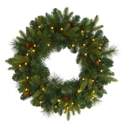 Nearly Natural 24 in. Pre-Lit Mixed Pine Artificial Christmas Wreath with Clear LED Lights and Pine Cones